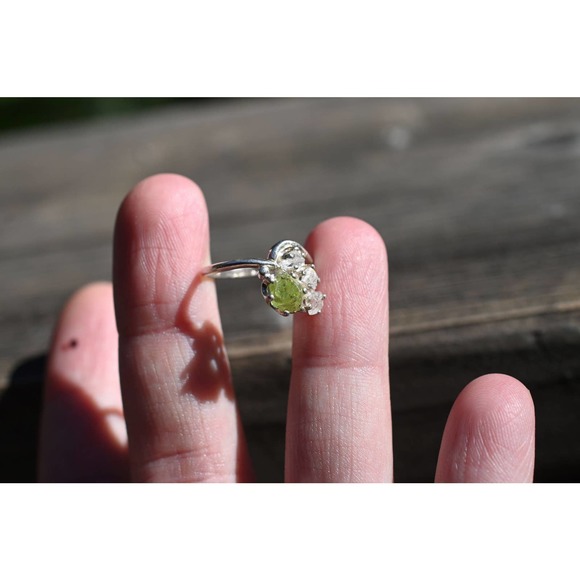 Raw Peridot and Diamond Engagement Ring, Raw Diamond Ring, Size 5 Engage… - Picture 3 of 9